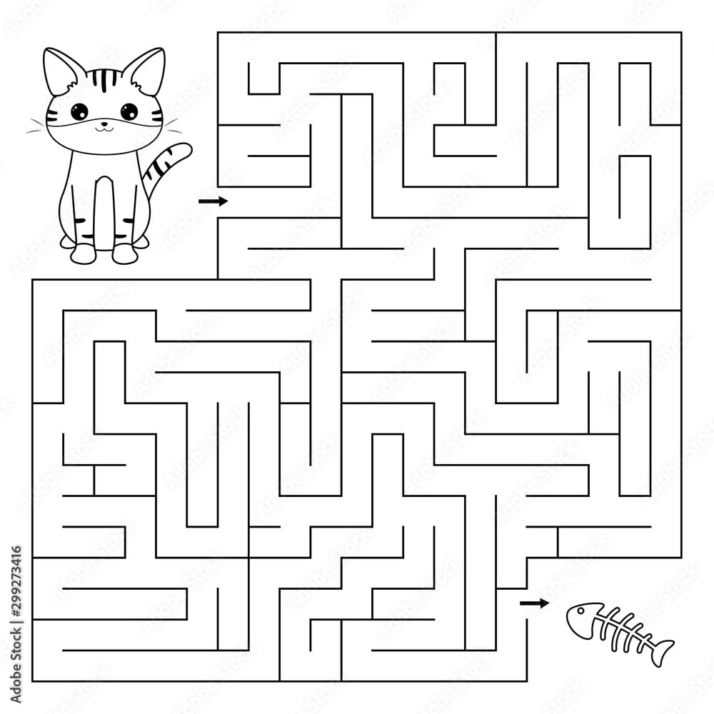 Coloring Page For Kids Cute Kawaii Cat Maze Game Help The Kitten Find Right Way To Fish Bone Stock Vector Adobe Stock