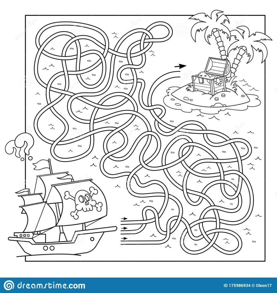 Maze Or Labyrinth Game For Preschool Children Puzzle Tangled Road Coloring Page Outline Of Cartoon Pirate Ship With Island Of Stock Vector Illustration Of Pastime Activity 175986934