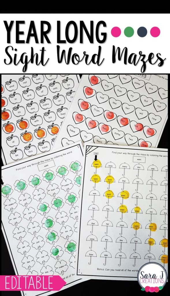 Sight Word Mazes For The Whole Year Sara J Creations